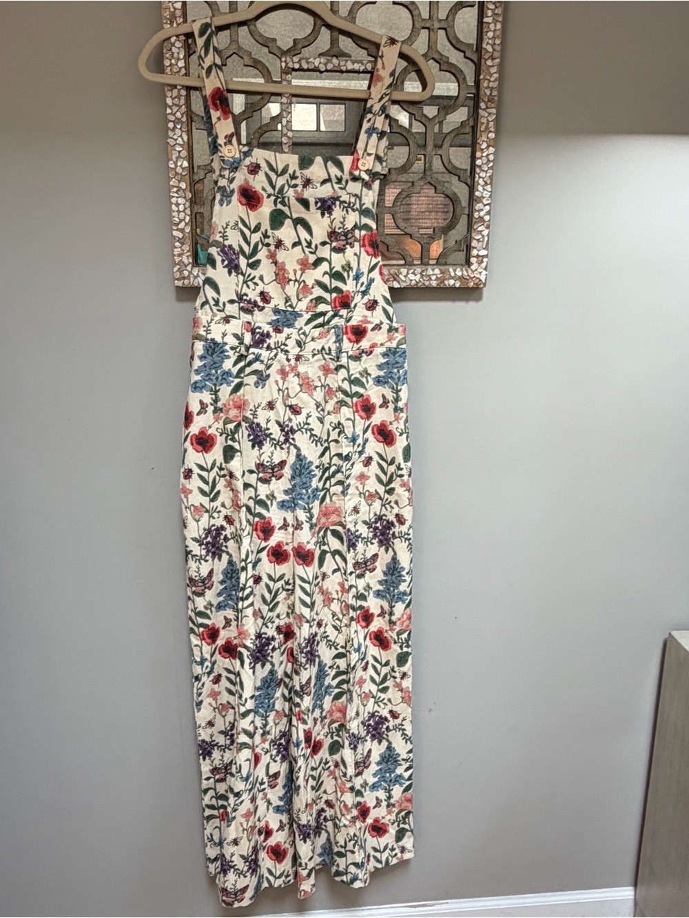 NEW Cider Cream corduroy overalls Red and Blue Floral Print pockets med